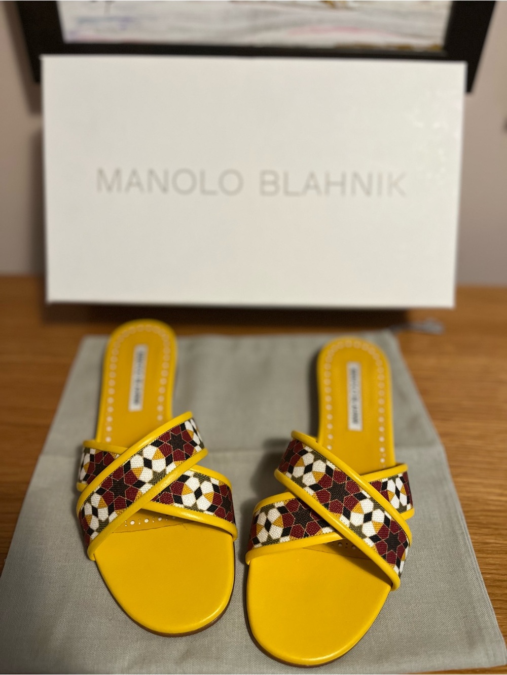 Manolo Blahnik Yellow Mosaic Cross-Strap Slide Mules